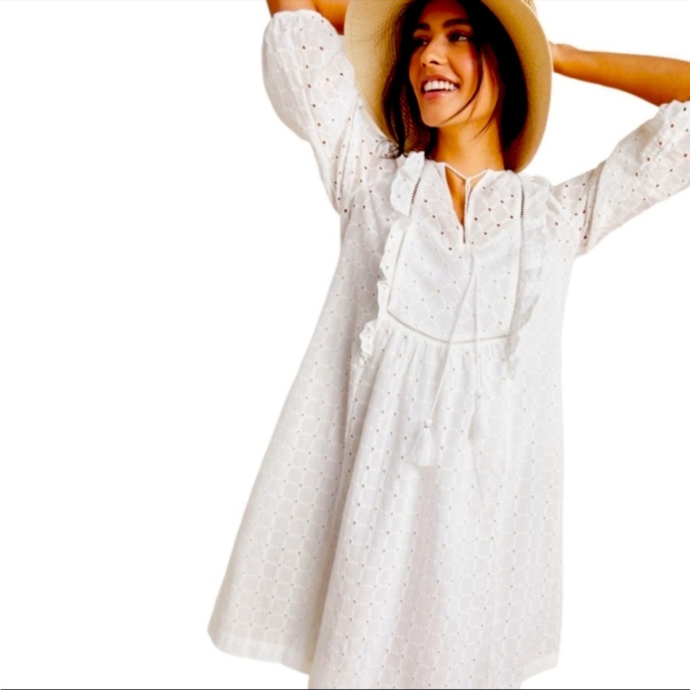 Anthropologie Thames" eyelet bib cottagecore white tunic dress - size 8